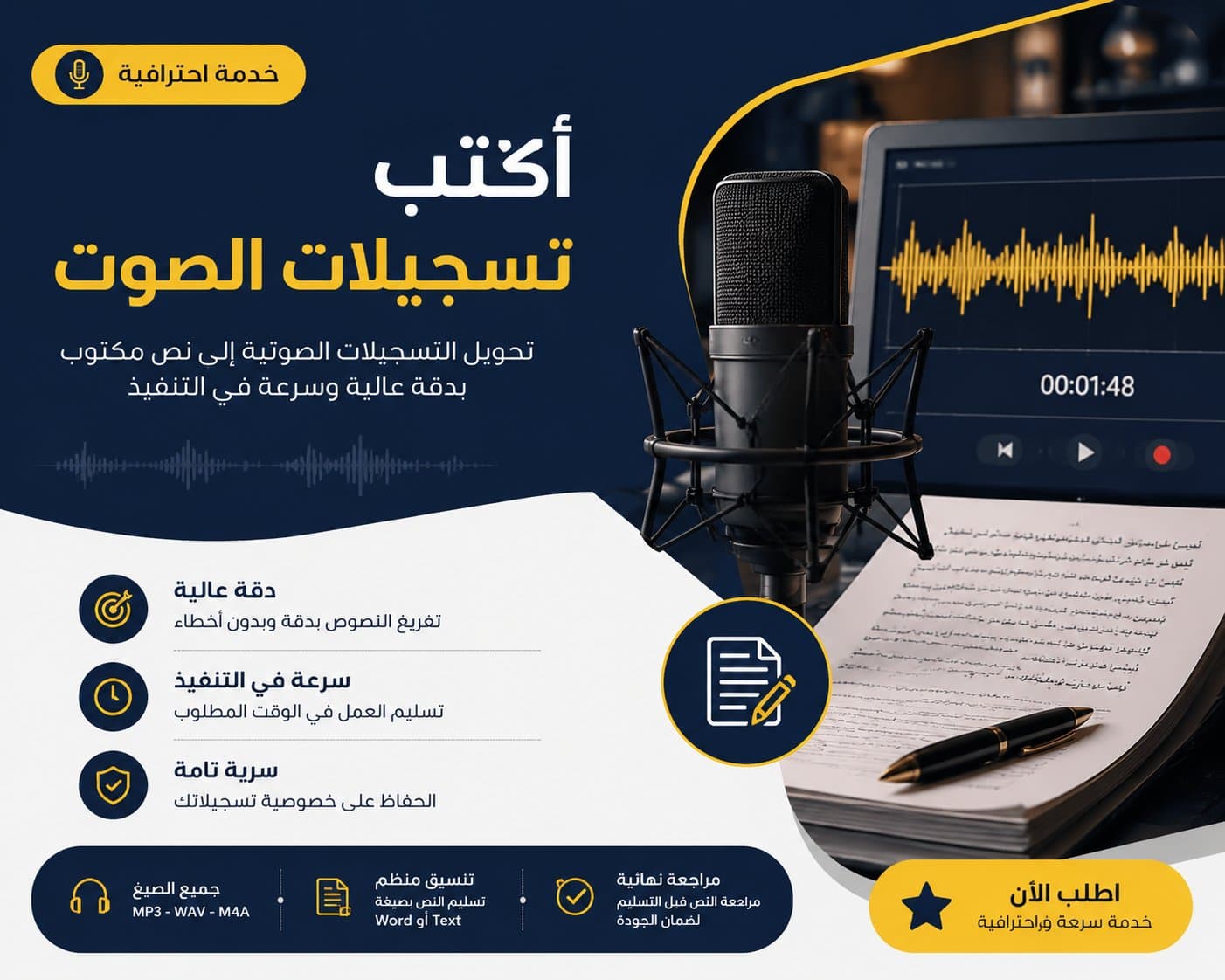 سأقوم بتفريغ التسجيلات الصوتية وتحويلها إلى نص مكتوب
