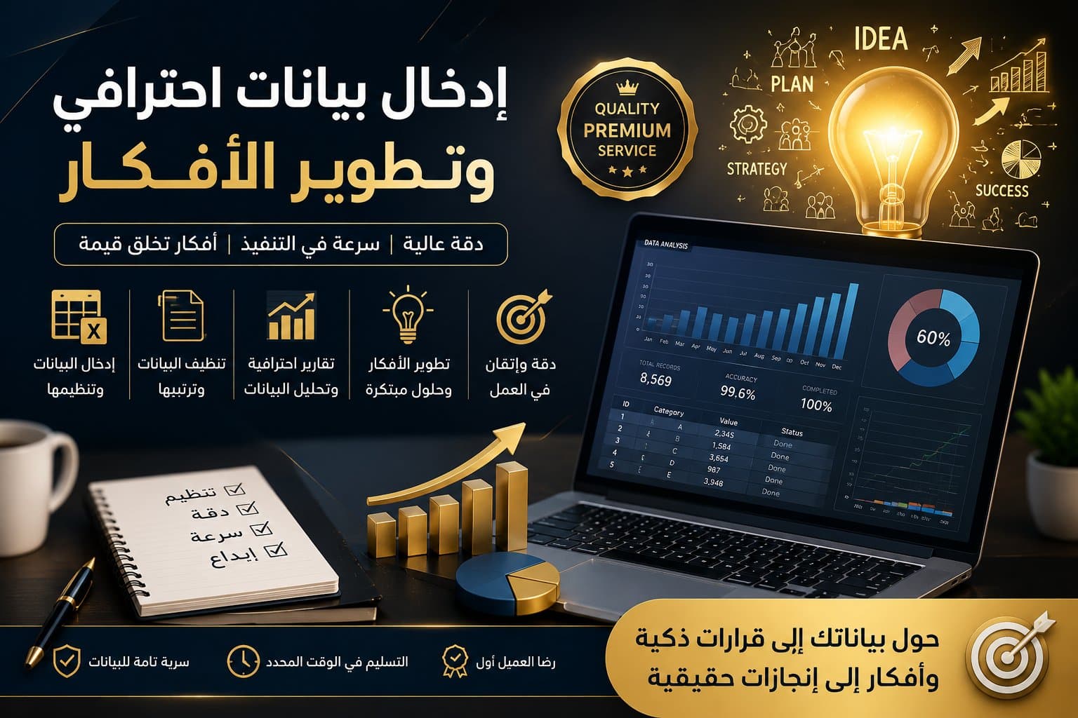 إدخال وتنظيم البيانات وتحليلها باحترافية وإنشاء قواعد البيانات ولوحات التحكم وتحويلها إلى ملفات Excel منظمة