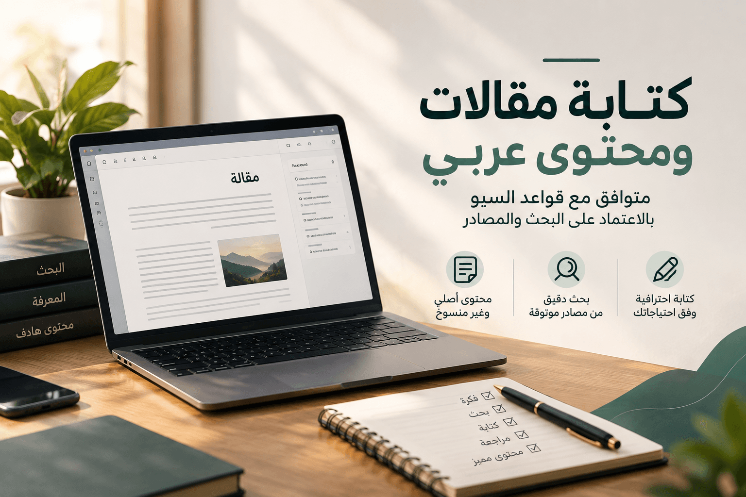 كتابة مقالات ومحتوى عربي متوافق مع قواعد السيو بالاعتماد على البحث والمصادر