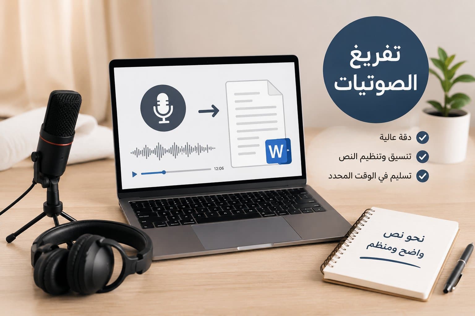 سأفرغ الملفات الصوتية العربية إلى نص مكتوب بدقة