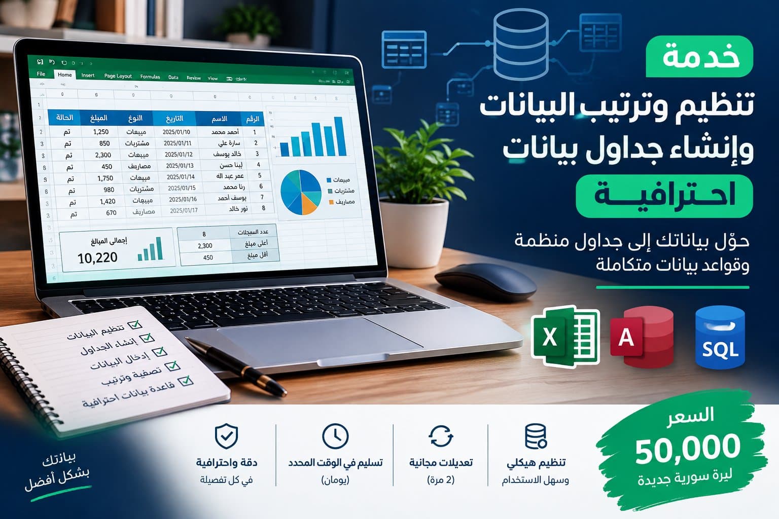 سأقوم بتنظيم وترتيب البيانات وإنشاء جداول بيانات احترافية