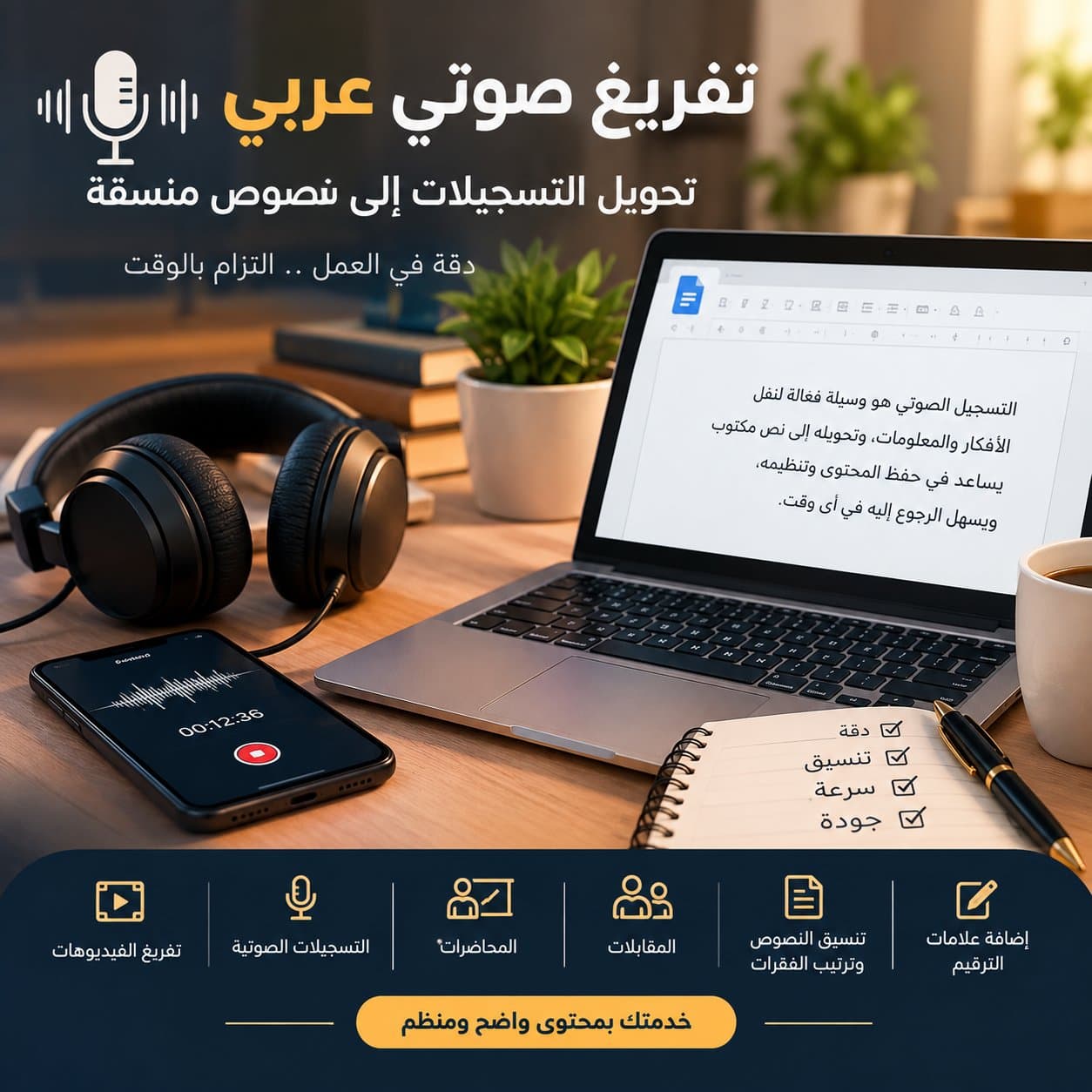 سأفرغ التسجيلات الصوتية العربية وأحولها إلى نصوص دقيقة ومنظمة واحترافية