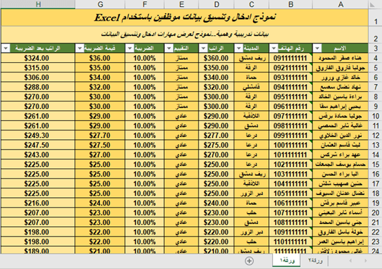 إدخال وتنسيق البيانات على Excel وإنشاء الجداول والمعادلات الأساسية.وترتيبها بشكل احترافي