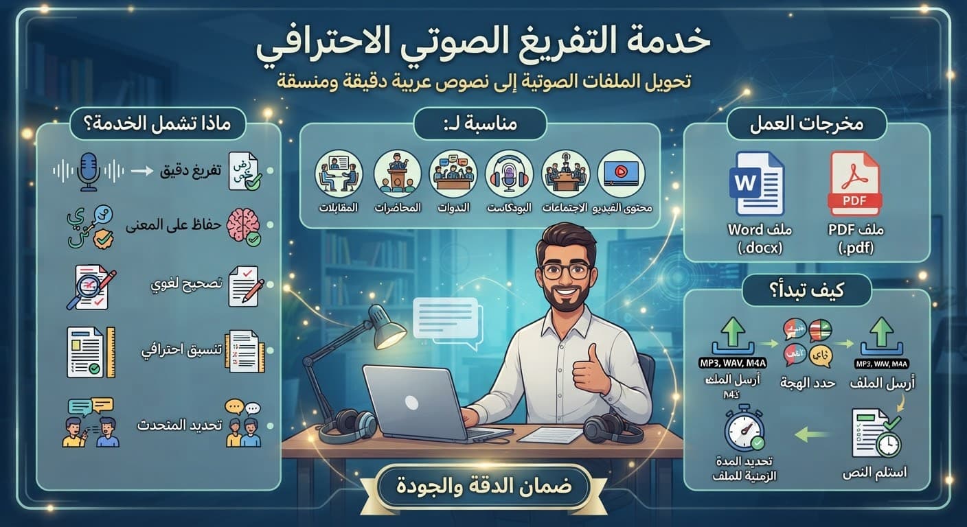 تفريغ صوتي احترافي من اللغة العربية إلى نصوص منسقة