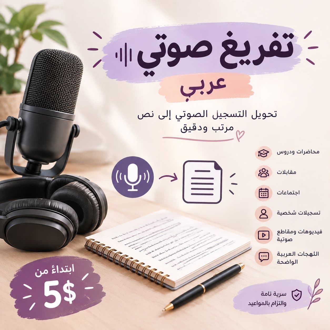 سأفرغ التسجيلات الصوتية العربية إلى نص مرتب ودقيق
