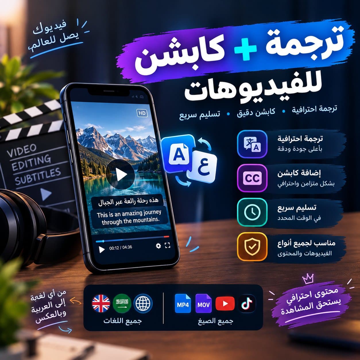 ترجمة احترافية وإضافة كابشن للفيديوهات