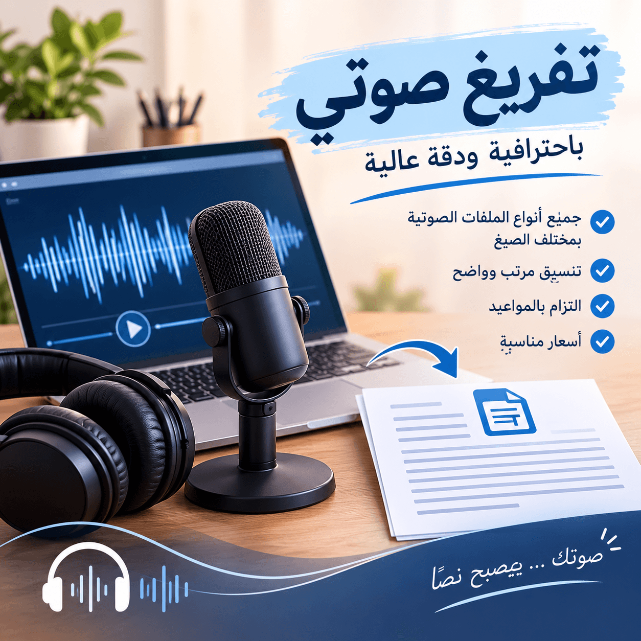 تفريغ الملفات الصوتية وتحويلها إلى نص عربي بدقة