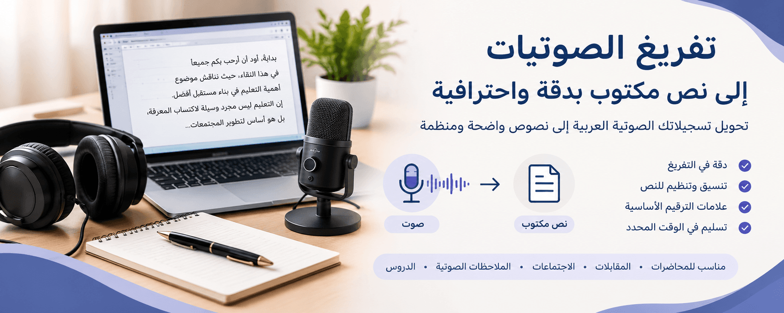 تفريغ التسجيلات الصوتية العربية إلى نص مكتوب ومنسق بدقة