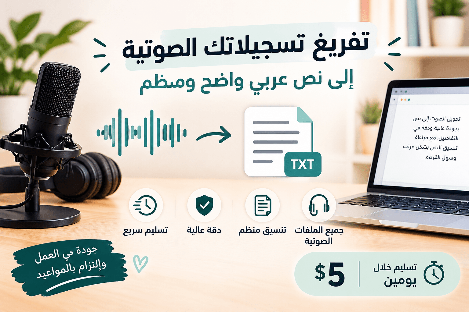 سأفرغ تسجيلاتك الصوتية إلى نص عربي واضح ومنظم