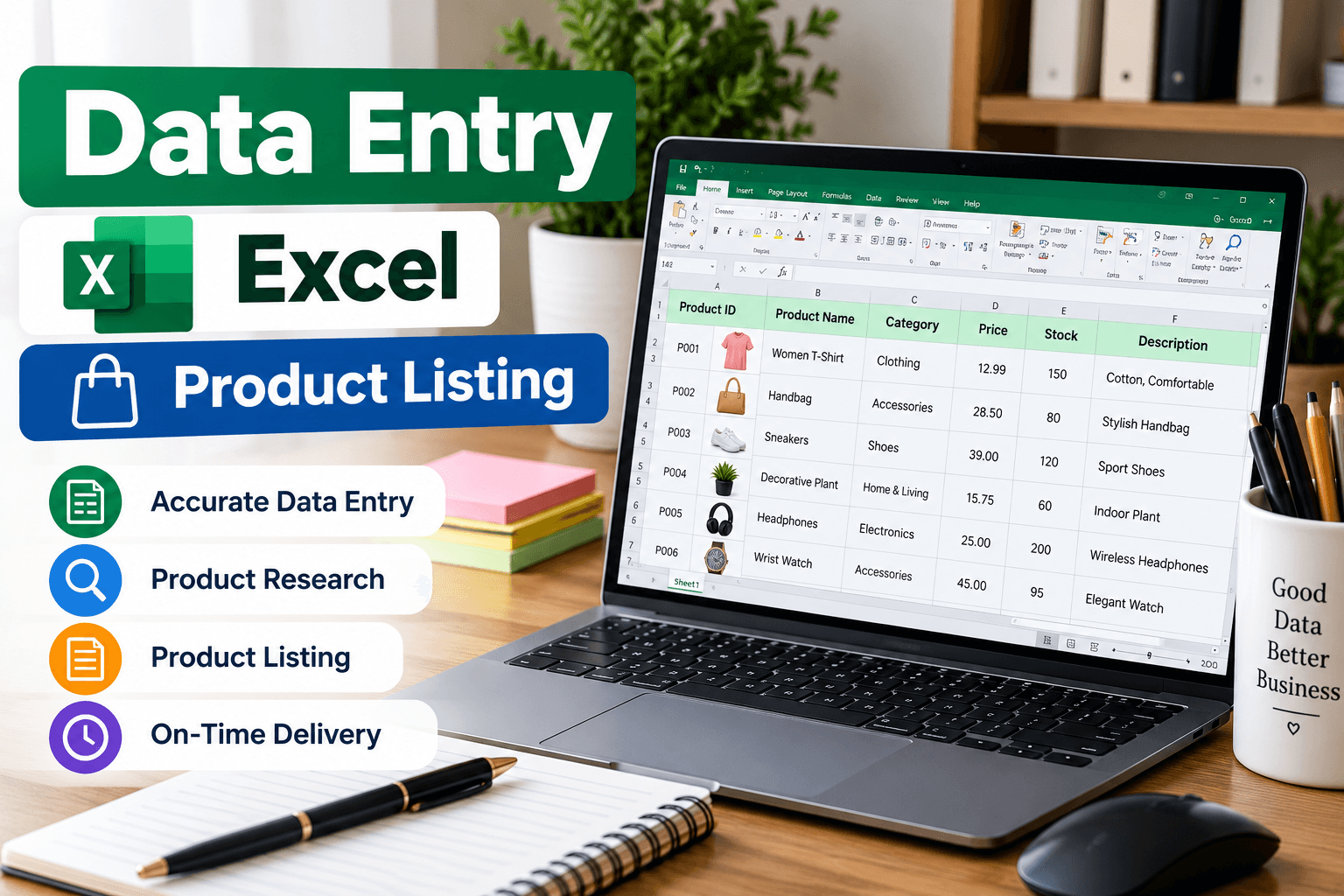 إدخال بيانات المنتجات وتنظيم ملفات Excel بدقة