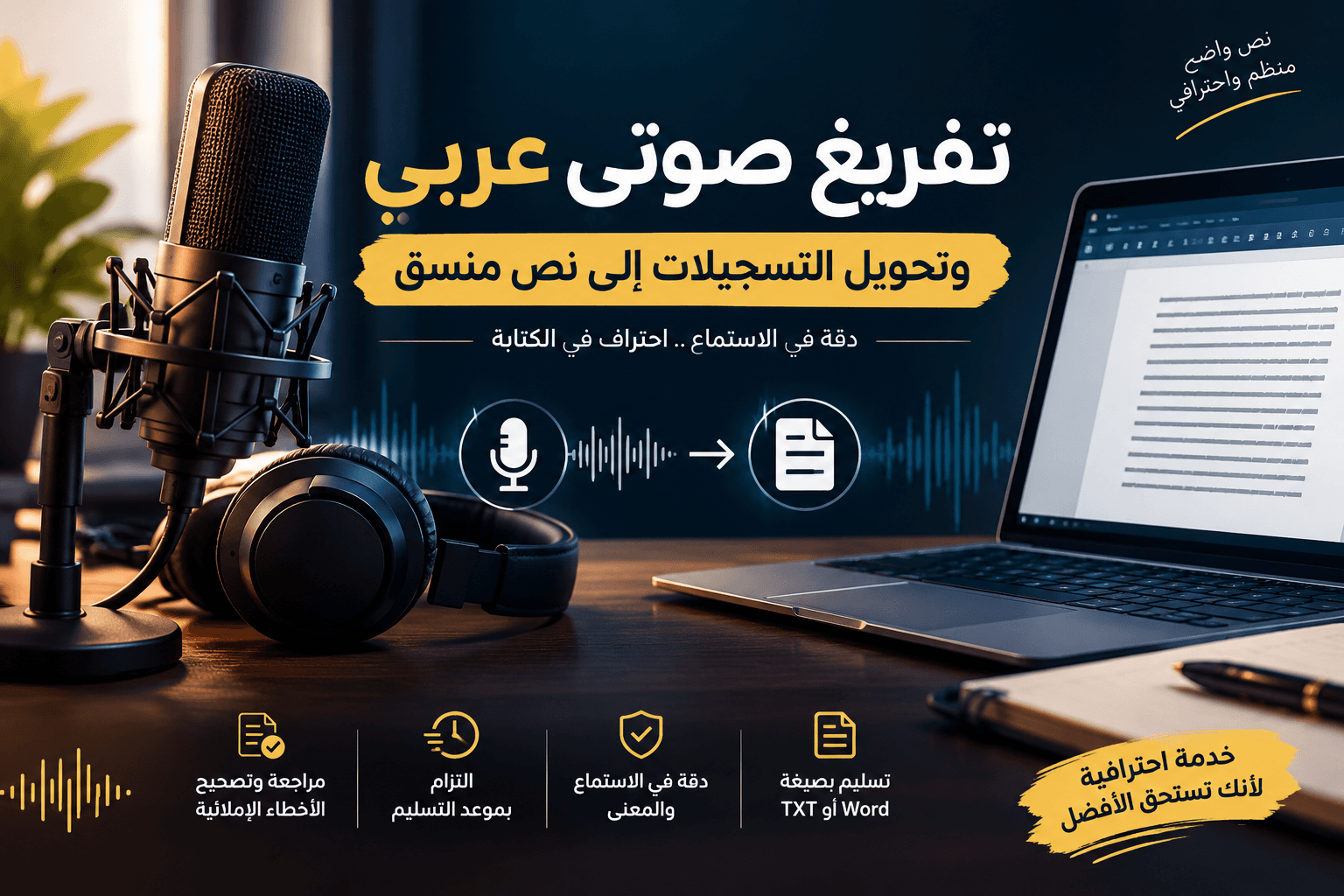 تفريغ صوتي عربي وتحويل التسجيلات إلى نص منسق