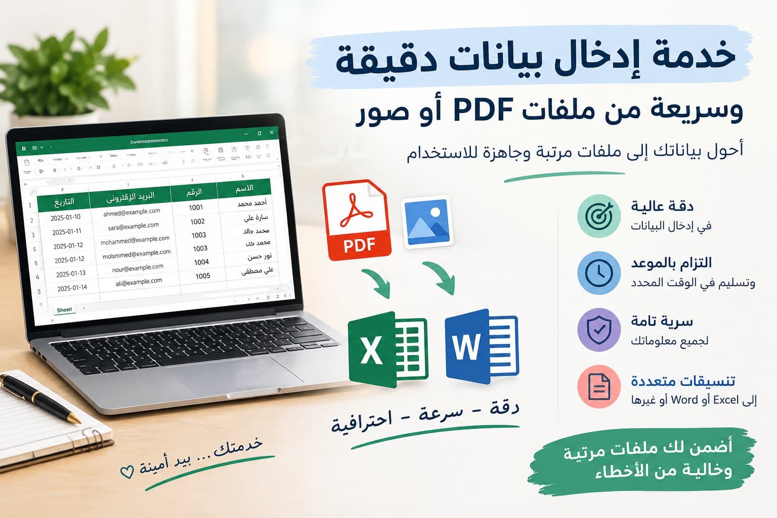 "أقدم خدمة إدخال بيانات دقيقة ومنظمة من ملفات PDF أو صور