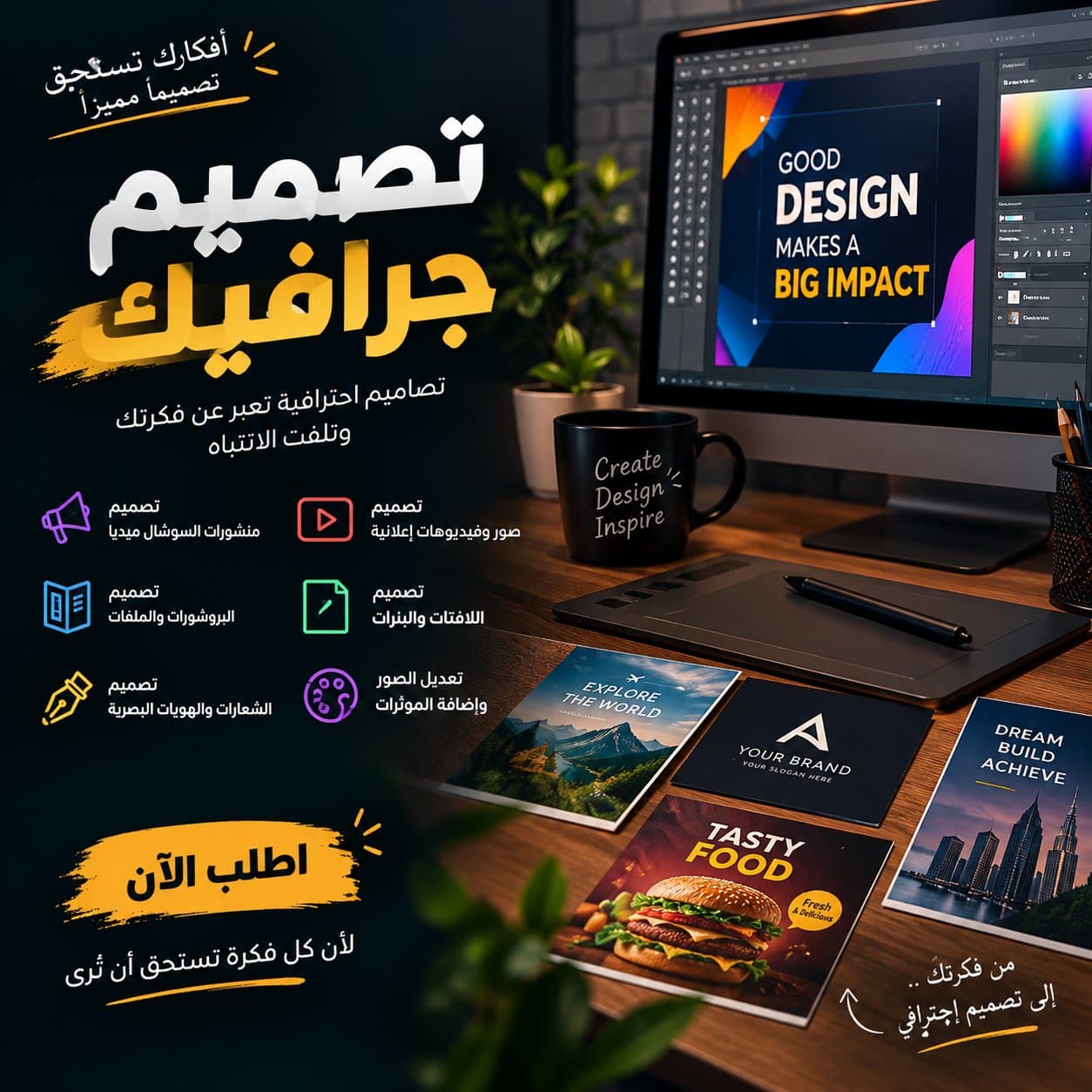 🎨 تصميم جرافيك احترافي ومميز هل تحتاج تصميماً يجذب الانتباه ويعطي مشروعك مظهراً احترافياً؟ 🔥 أقدم لك تصاميم جرافيكية م