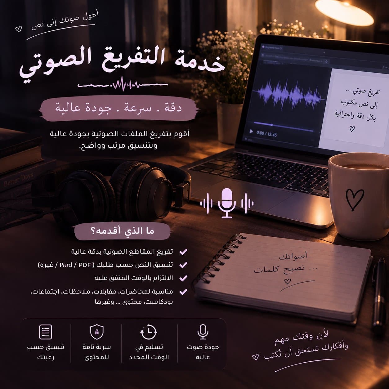 تفريغ الملفات الصوتية إلى نصوص مكتوبة باللغة العربية بدقة وتنسيق