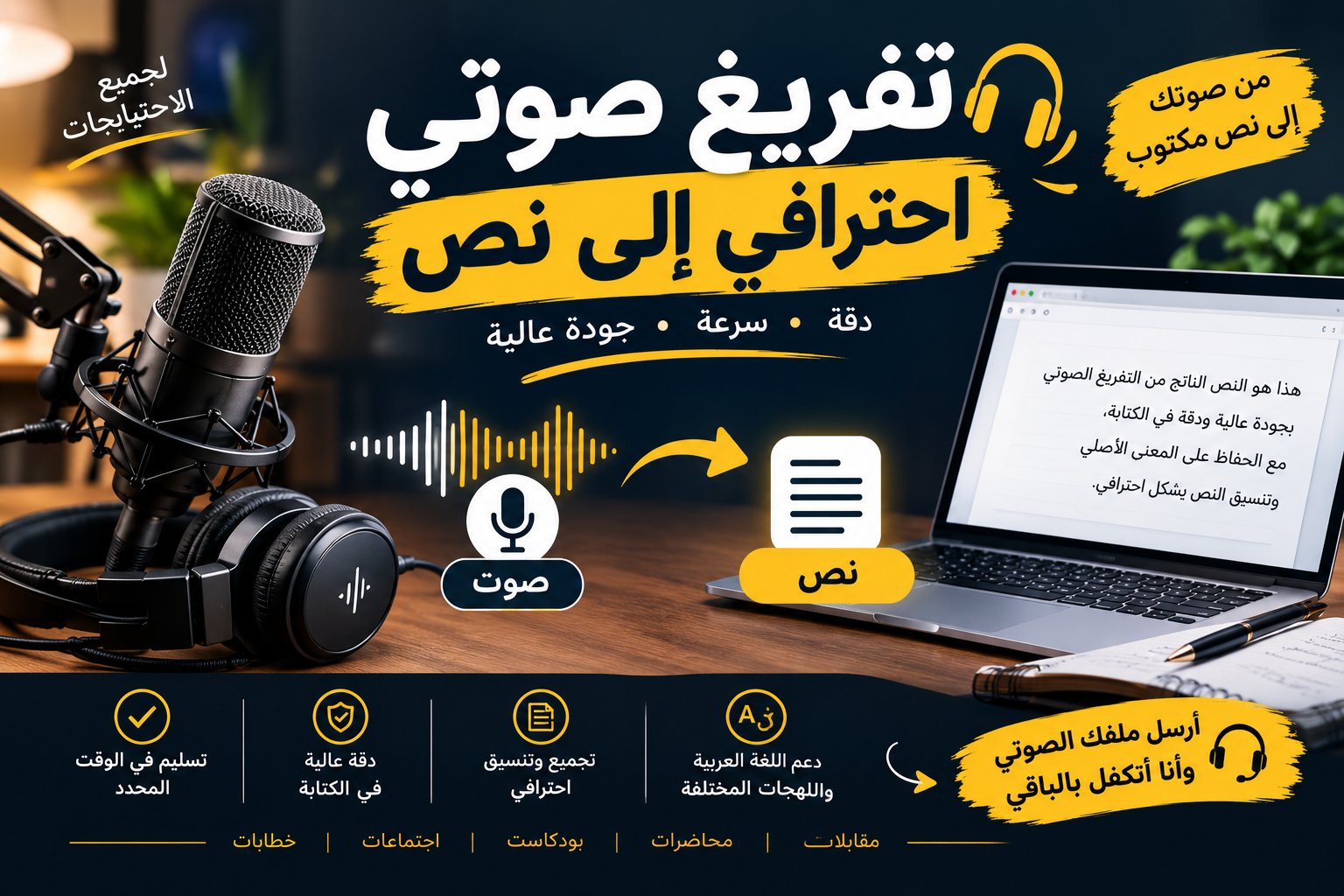 سأفرغ ملفاتك الصوتية إلى نص مكتوب بدقة واحترافية