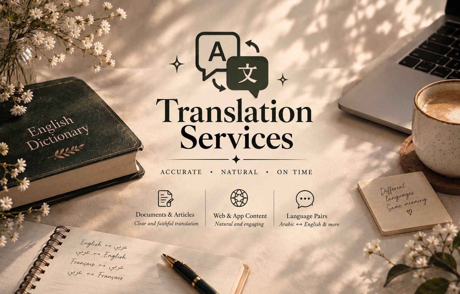 استطيع ترجمة أي نص أو فيديو ترجمة احترافية من العربية إلى الإنجليزية والعكس بدقة وسلاسة وسرعة.