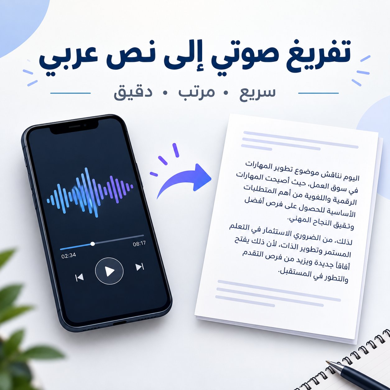 تفريغ صوتي إلى نص عربي مرتب ودقيق