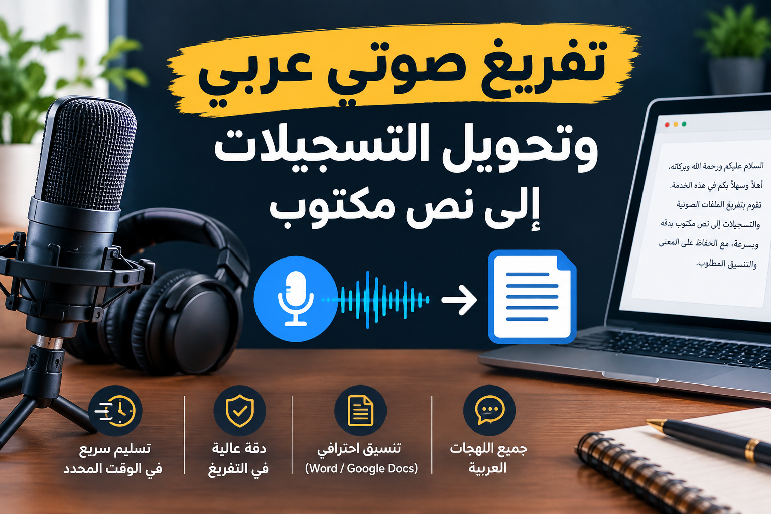 تفريغ صوتي عربي وتحويل التسجيلات إلى نص مكتوب