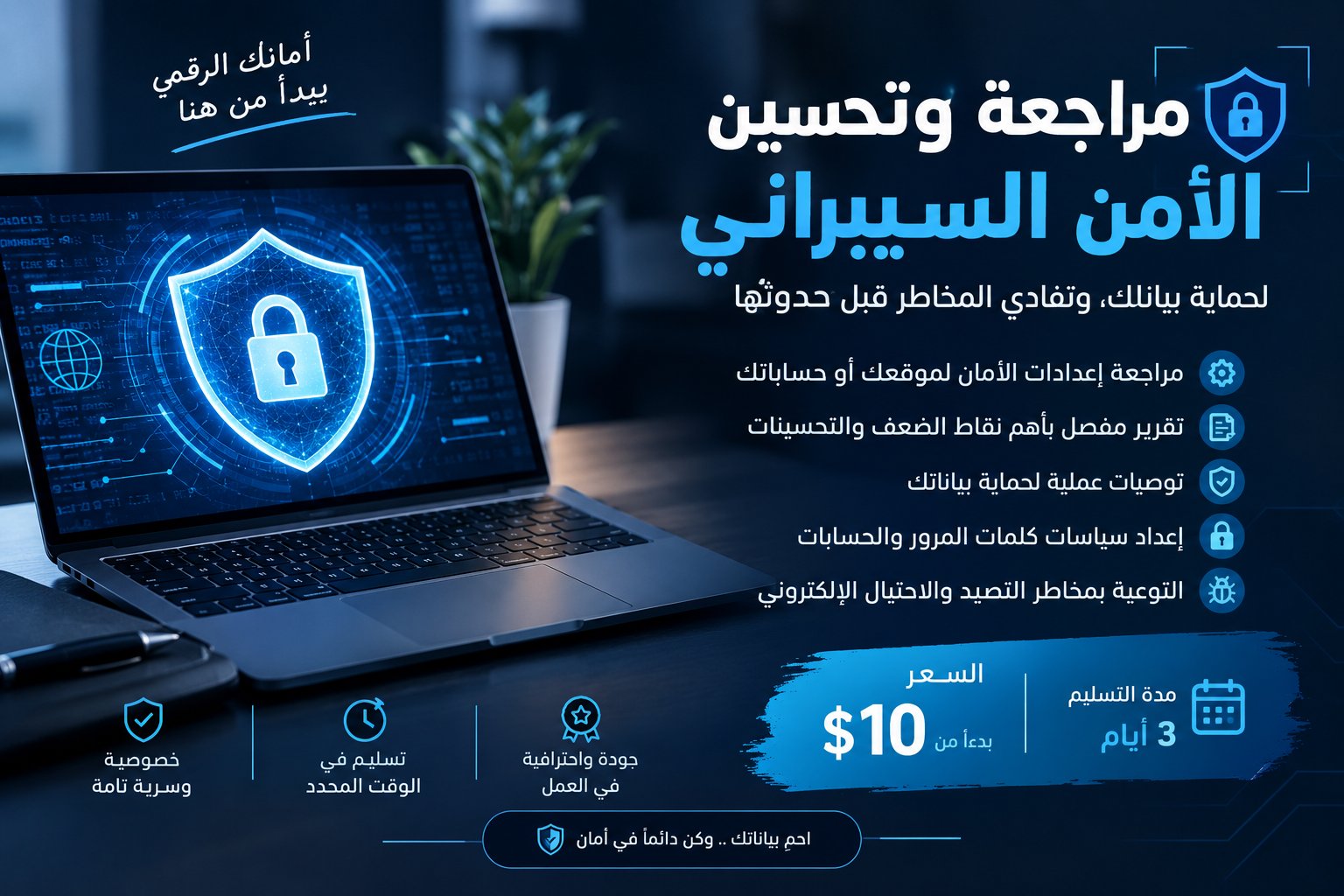 سأراجع إعدادات الأمان الأساسية لموقعك وحساباتك وأقدم توصيات للحماية