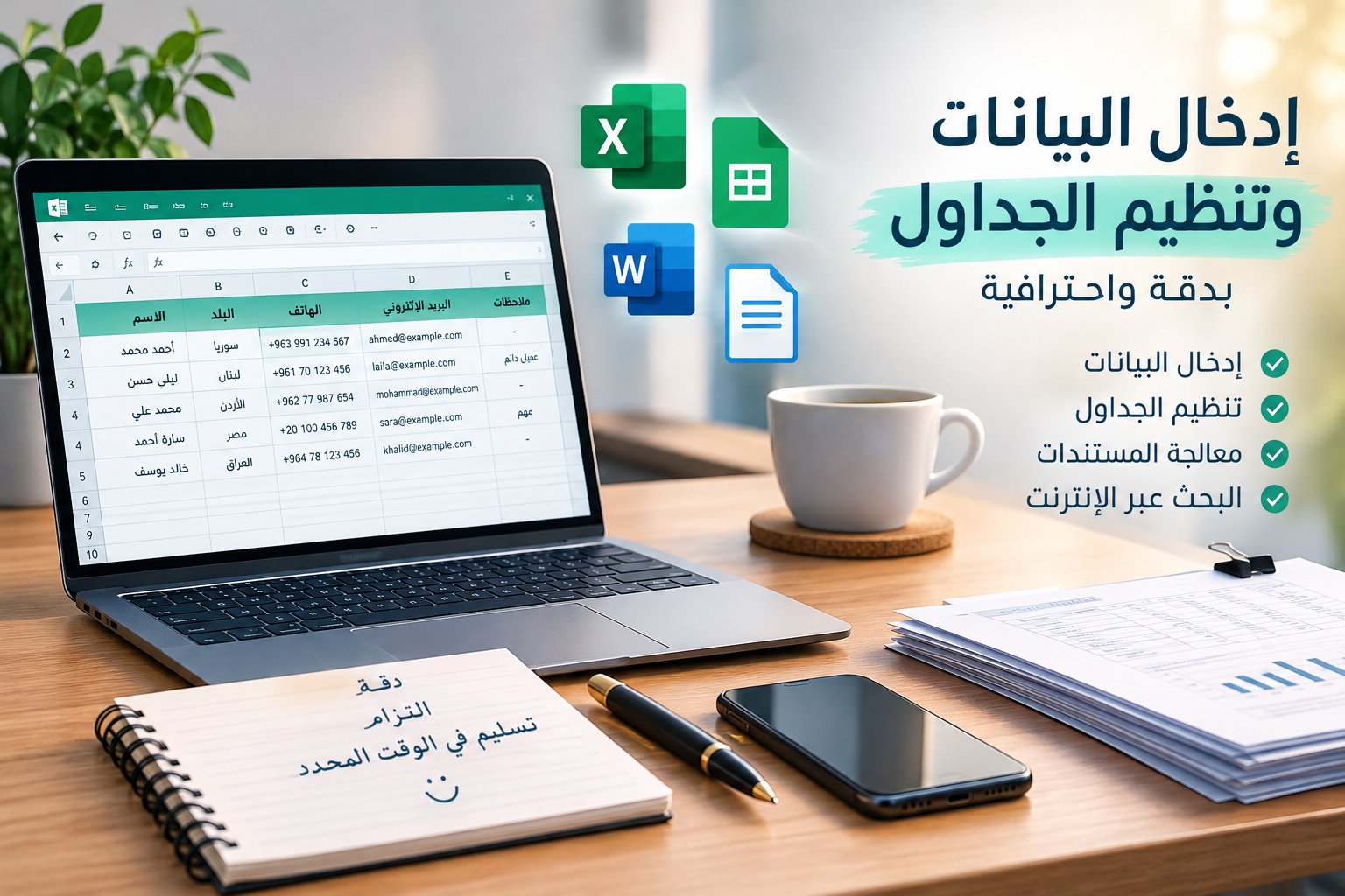إدخال البيانات وتنظيم الجداول بدقة