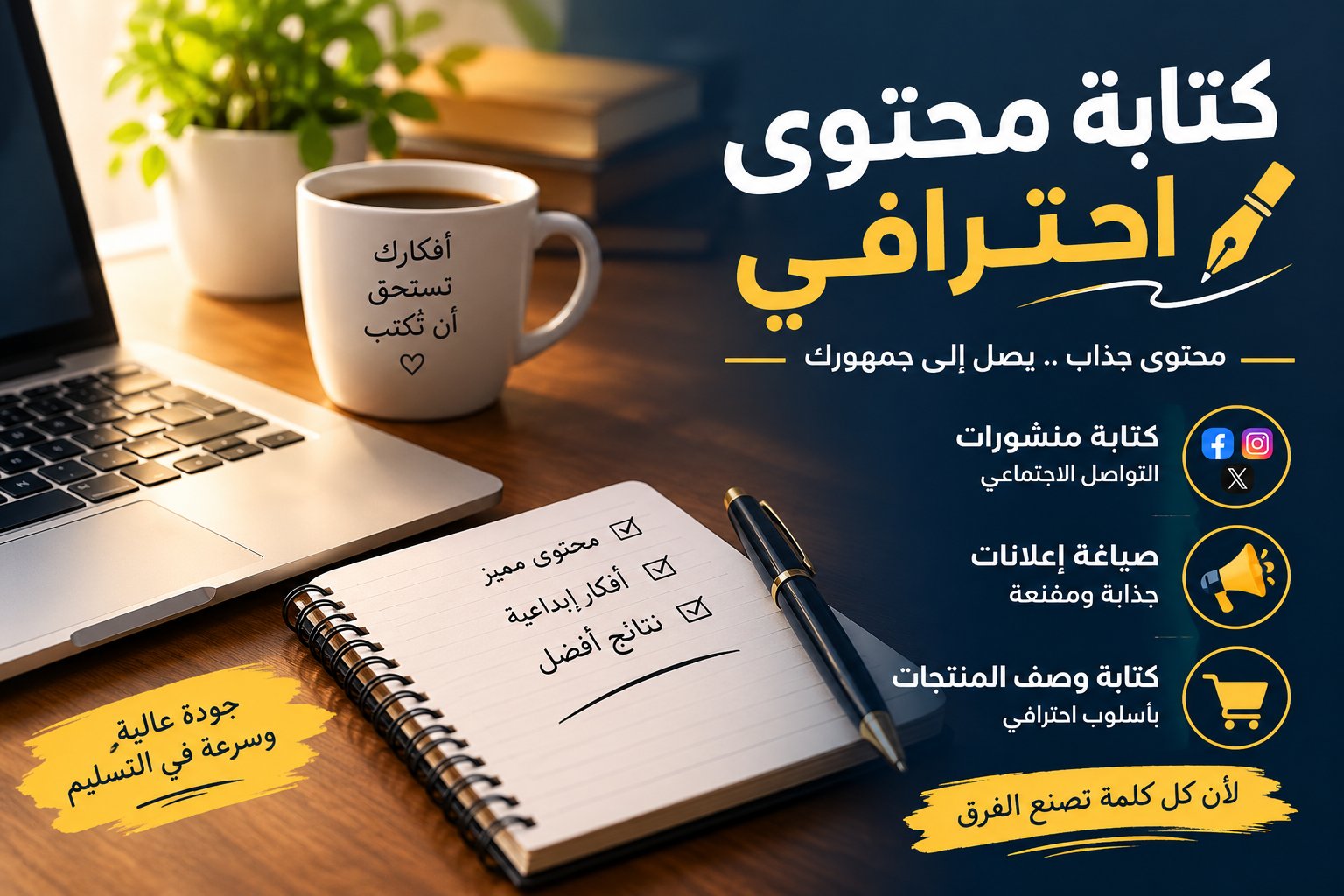 كتابة منشورات وإعلانات عربية احترافية لوسائل التواصل والمتاجر
