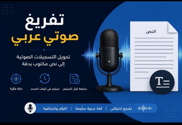 أقدم خدمة تحويل التسجيلات الصوتية باللغة العربية إلى نص مكتوب ومرتب. أحرص على الاستماع جيداً ومراجعة النص للتأكد من دقته