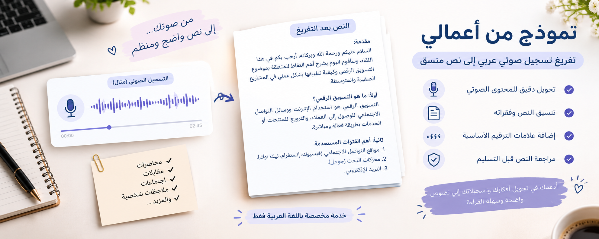 تفريغ تسجيل صوتي عربي إلى نص منسق