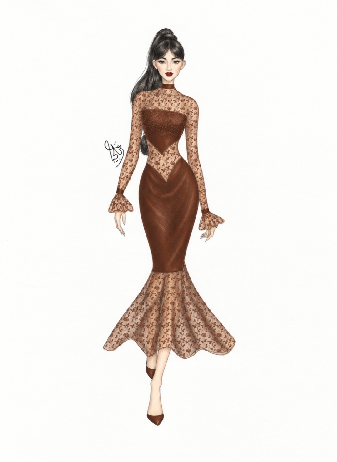 تصميم فستان سهرة بني بالدانتيل – رسم يدوي